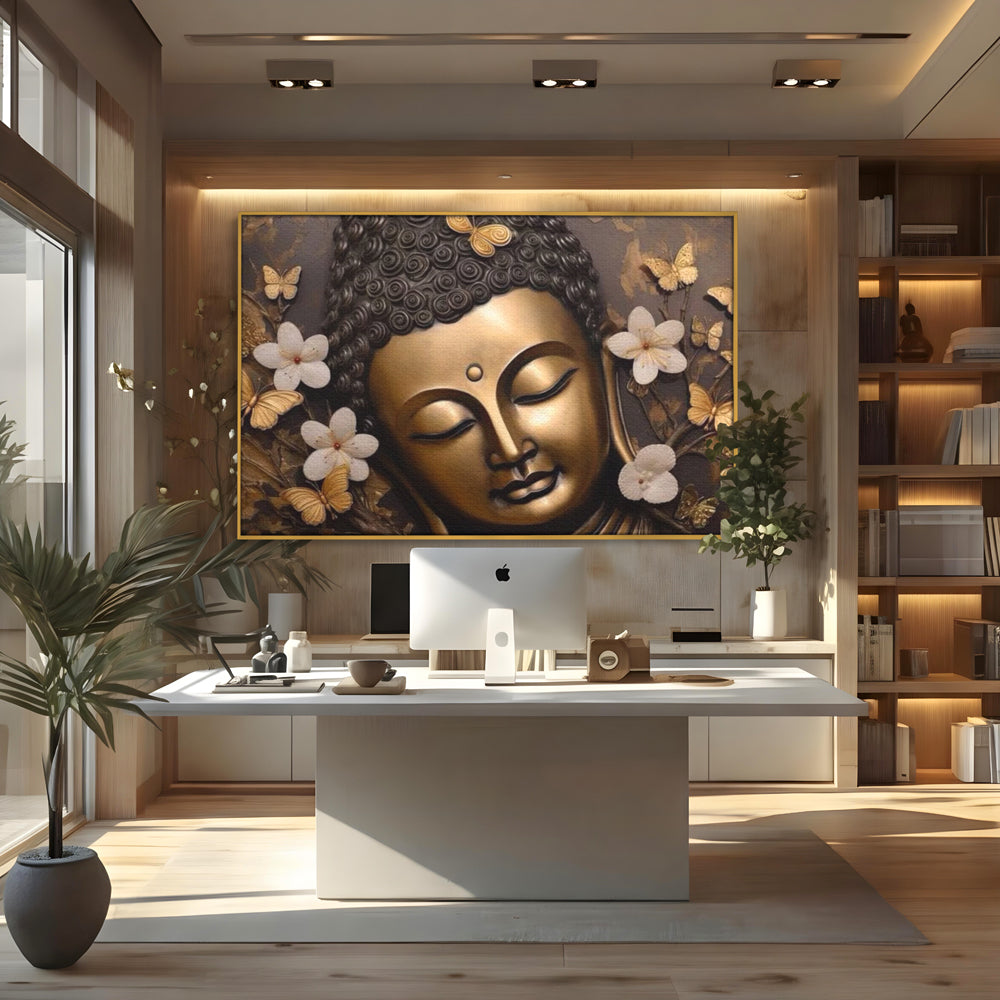 Tablou canvas cu tablou canvas cu capul lui buddha, in rama de aluminiu auriu, pe perete intr-un birou